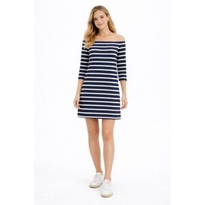 J. McLaughlin Catalina Cloth Striped Off Shoulder Dress S Navy Coastal Preppy